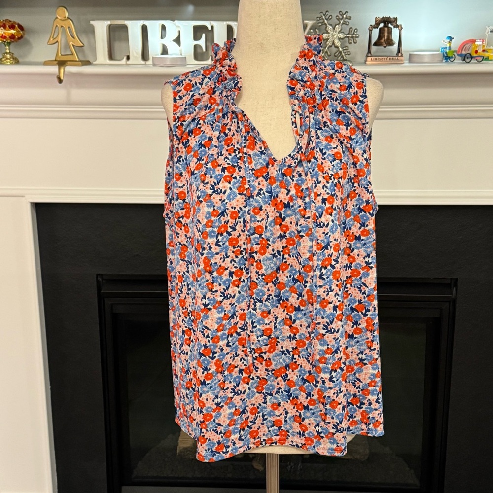 🌸 Melloday Floral Ruffle-Neck Blouse – Blue/Red/White (Size Large)